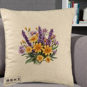 Perna Decorativa Lavanda cu Margarete Galbene si Lila, 40x40 cm, Bej, Husa Detasabila, Perna Inclusa, BEKZ®