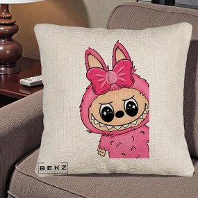 Perna Personalizata Labubu Roz cu Funda, 40x40 cm, Bej Canapea, Husa Detasabila, Perna Inclusa, BEKZ®