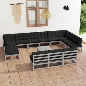 3077251 vidaXL Set mobilier grădină cu perne, 14 piese, gri, lemn masiv de pin