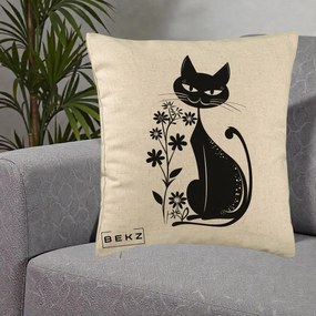 Perna Decorativa Pisica Neagra Grafica Minimalista, 40x40 cm, Bej, Husa Detasabila, Perna Inclusa, BEKZ®