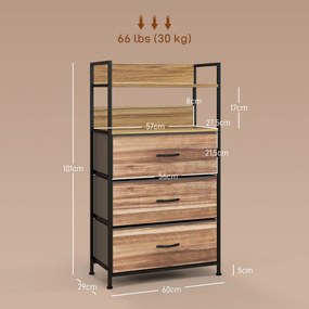 HOMCOM Corp de depozitare stil industrial comodă 3 sertare din țesătură detașabile și 2 rafturi - 60 x 29 x 101cm - MDF și metal | Aosom Romania