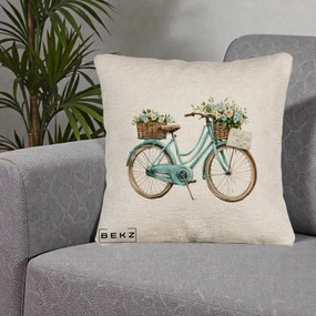 Perna Decorativa Bicicleta Teal cu Cosuri Duble de Flori Vintage, 40x40 cm, Bej Canapea, Husa Detasabila, Perna Inclusa, BEKZ®