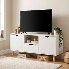 HOMCOM Mobilier TV de 50" cu Sertar, Raft Deschis și 2 Dulapuri, Mobilier TV cu 5 Picioare din Lemn, 110x40x50 cm, Alb | Aosom Romania