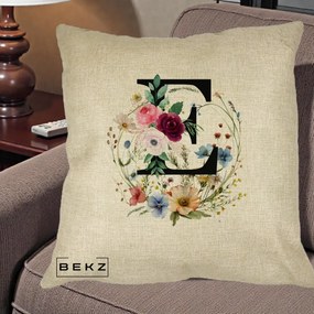 Cadou Personalizat - Perna Personalizata Monogram Litera E cu Flori Acuarela, 40x40 cm, Crem, Husa Detasabila, Perna Inclusa, BEKZ®