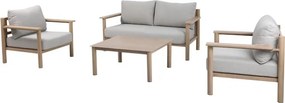 Set lounge exterior premium din aluminiu cu finisaj lemn, canapea, 2 fotolii și măsuță cu perne din olefină, „Cortina”