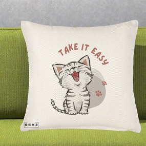 Perna Personalizata Take It Easy Cat, 40x40 cm, Crem Reliefat, Husa Detasabila, Perna Inclusa, BEKZ®