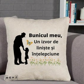 Cadou pentru Bunic - Perna Personalizata Bunicul Meu Izvor de Liniste cu Fluture si Fetita, 40x40 cm, Bej Canapea, Husa Detasabila, Perna Inclusa, BEKZ®