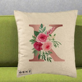 Cadou Personalizat - Perna Personalizata Monograma Rose Gold Litera K, 40x40 cm, Bej, Husa Detasabila, Perna Inclusa, BEKZ®