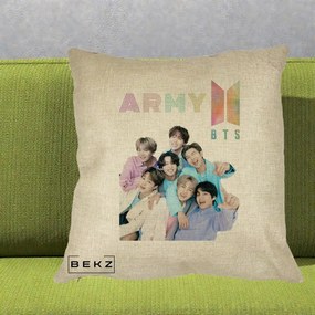 Perna Personalizata K-pop BTS ARMY Fotografie Grup Veseli, 40x40 cm, Crem, Husa Detasabila, Perna Inclusa, BEKZ®
