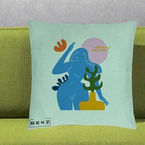 Perna Decorativa Femeie Albastra Cactus, 40x40 cm, Verde Menta, Husa Detasabila, Perna Inclusa, BEKZ®