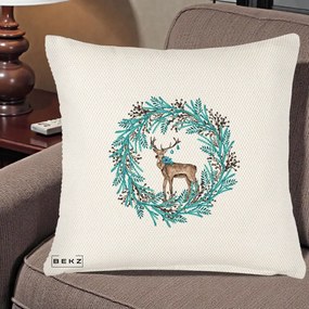 Perna Decorativa Coroana Turcoaz cu Ren, 40x40 cm, Crem Reliefat, Husa Detasabila, Perna Inclusa, BEKZ®