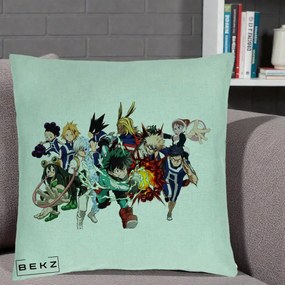 Perna Personalizata My Hero Academia Clasa 1-A Complet, 40x40 cm, Verde Menta, Husa Detasabila, Perna Inclusa, BEKZ®