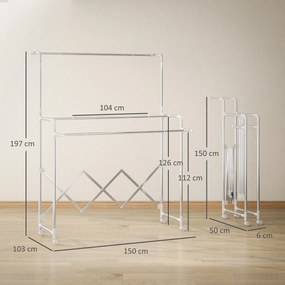 HOMCOM Uscător de Rufe Pliabil cu 3 Bare Reglabile, Uscător Vertical cu Roți Pivotante și Cadru din Oțel Inox, Uscător pentru Acasă și Spălătorie, Argintiu | Aosom Romania