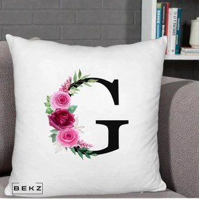 Cadou Personalizat - Perna Personalizata Monograma Florala Litera G, 40x40 cm, Alb Pufos, Husa Detasabila, Perna Inclusa, BEKZ®