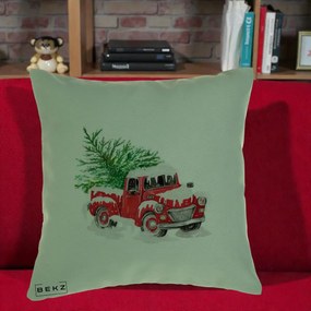 Perna Decorativa Camioneta Rosie Brad de Craciun, 40x40 cm, Verde, Husa Detasabila, Perna Inclusa, BEKZ®