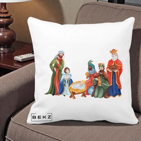 Perna Decorativa Nasterea Domnului Cei Trei Magi Acuarela, 40x40 cm, Alba Mata, Husa Detasabila, Perna Inclusa, BEKZ®