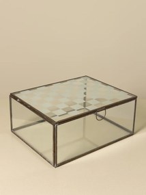 Set 3 cutii decorative din sticlă transparentă și metal auriu, capac cu balama și model în carouri mate, mâner inel, finisaj antichizat, 11 x 25 x 20