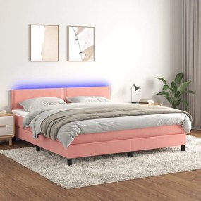 vidaXL Pat cu arcuri, saltea și LED, roz, 160x200 cm, catifea