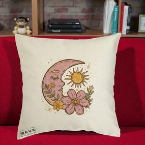 Perna Personalizata Luna si Soare Floral Boho, 40x40 cm, Ecru, Husa Detasabila, Perna Inclusa, BEKZ®