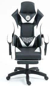Scaun gaming, masaj în perna lombară, suport picioare, piele PU, Negru/Alb