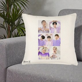 Perna Personalizata K-pop BTS Colaj 7 Portrete cu Inimi Lila, 40x40 cm, Crem Reliefat, Husa Detasabila, Perna Inclusa, BEKZ®