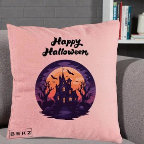 Perna Decorativa Happy Halloween Casa Bantuita Violet, 40x40 cm, Roz, Husa Detasabila, Perna Inclusa, BEKZ®