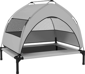 PawHut Pat pentru câini de exterior cu acoperiș, Pat înălțat pentru câini de talie medie, cu cadru din oțel, 76x61x70cm, Gri deschis | Aosom Romania