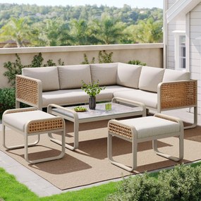 Set de lounge pentru grădină pentru 6-7 persoane, mobilier din ratan cu cadru din fier galvanizat și picioare reglabile, inclusiv perne pentru șezut și spate, Bej