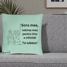 Cadou pentru Sora - Perna Personalizata Sora Mea Te Iubesc Line Art Portrete Colorate, 40x40 cm, Verde Menta, Husa Detasabila, Perna Inclusa, BEKZ®