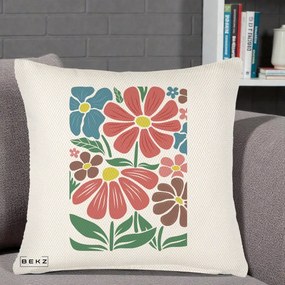 Perna Decorativa Flori Grafice Colorate Retro, 40x40 cm, Crem Reliefat, Husa Detasabila, Perna Inclusa, BEKZ®