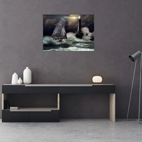 Tablou pe sticlă - Vapor în furtună (70x50 cm)