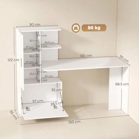 HOMCOM Birou pentru calculator cu bibliotecă și dulap, 150 cm, alb | Aosom Romania