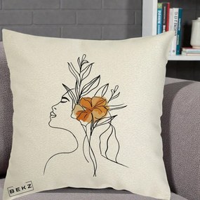 Perna Decorativa Portret Feminin Floare Portocalie Lateral, 40x40 cm, Ecru, Husa Detasabila, Perna Inclusa, BEKZ®