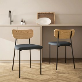 HOMCOM Lot de 2 scaune de dining cu picioare din oțel, spate curbat și șezut tapitat, gri și efect de lemn natural | Aosom Romania