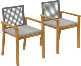 Outsunny Scaune de grădină set 2 buc. Lemn de acacia certificat FSC Stivuibile Scaune din lemn cu spătar din rattan Perne detașabile Cotiere | Aosom Romania