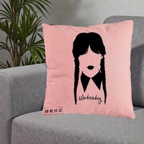 Perna Personalizata Wednesday Addams Silueta Alb-Negru, 40x40 cm, Roz, Husa Detasabila, Perna Inclusa, BEKZ®