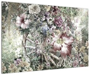 Tablou - Flori pe roata de lemn (90x60 cm)