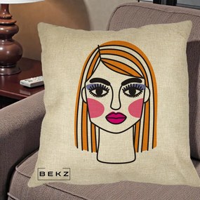 Perna Decorativa Portret Pop Art Fata, 40x40 cm, Crem, Husa Detasabila, Perna Inclusa, BEKZ®