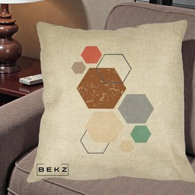 Perna Decorativa Geometric Hexagoane Multicolor, 40x40 cm, Crem, Husa Detasabila, Perna Inclusa, BEKZ®
