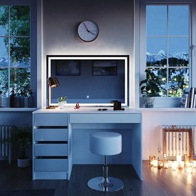 Masuta machiaj cu Oglinda LED si 5 Sertare pentru Cosmetice, Set Masa toaleta 120 cm, Alb Lucios, masuta cosmetica, vanity - SEA902
