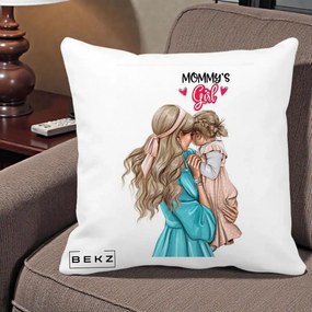 Cadou pentru Mama - Perna Personalizata Mommy's Girl Mama si Fetita, 40x40 cm, Alba Mata, Husa Detasabila, Perna Inclusa, BEKZ®