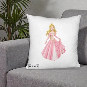 Perna Decorativa Printesa Aurora Rochie Roz, 40x40 cm, Alb Pufos, Husa Detasabila, Perna Inclusa, BEKZ®