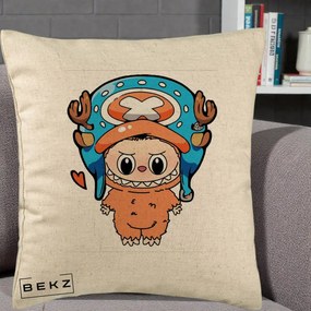 Perna Personalizata Labubu x Tony Tony Chopper, 40x40 cm, Bej, Husa Detasabila, Perna Inclusa, BEKZ®