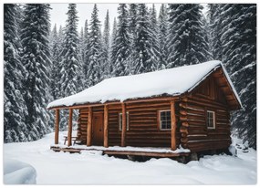 Tablou pe sticlă - Cabană acoperită de zăpadă (70x50 cm)