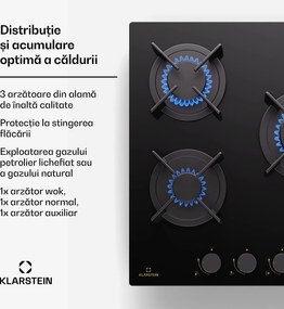Klarstein Goldflame, plită cu gaz, 3 arzătoare din alamă, oțel inoxidabil