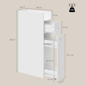 HOMCOM Dulap de Baie Îngust cu 3 Niveluri, Sertare pe Roți și Raft Deschis, MDF, 18x40x80 cm, Alb | Aosom Romania