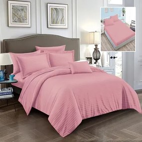 Lenjerie de pat Damasc Policoton cu 6 piese, cearceaf cu elastic 180x200cm, pentru pat dublu, roz inchis, IMP57