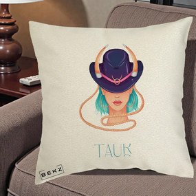Perna Personalizata Zodie Taur, 40x40 cm, Ecru, Husa Detasabila, Perna Inclusa, BEKZ®