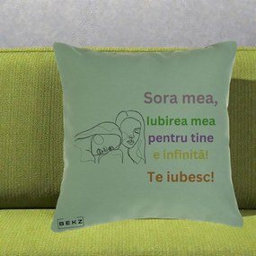 Cadou pentru Sora - Perna Personalizata Sora Mea Te Iubesc Line Art Fete Colorate Brate Ridicate, 40x40 cm, Verde, Husa Detasabila, Perna Inclusa, BEKZ®