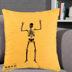 Perna Decorativa Halloween Schelet Dansator, 40x40 cm, Galben, Husa Detasabila, Perna Inclusa, BEKZ®